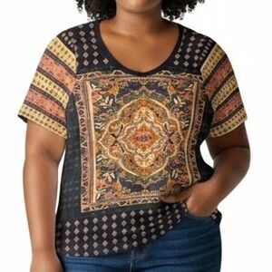 Lucky Brand Women's‎ 1X Short Sleeve V Neck Graphic T Shirt Top Tee Plus Size 1X